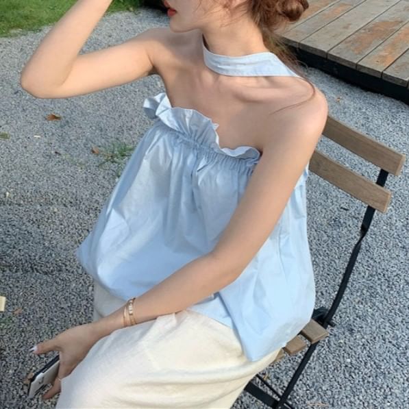 Plain Balloon Ruffled Back Keyhole Open Camisole Top