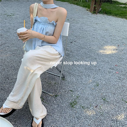 Plain Balloon Ruffled Back Keyhole Open Camisole Top