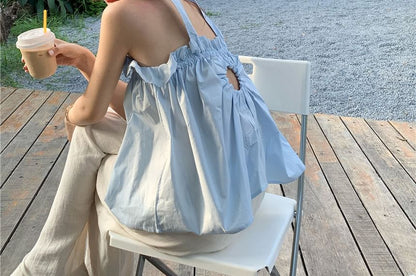 Plain Balloon Ruffled Back Keyhole Open Camisole Top