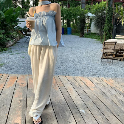 Plain Balloon Ruffled Back Keyhole Open Camisole Top