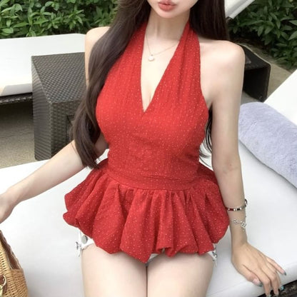 Dotted Plain Top Halter-Neck Hem Ruffle