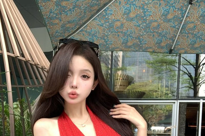 Dotted Plain Top Halter-Neck Hem Ruffle