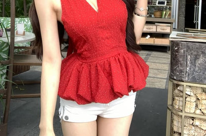 Dotted Plain Top Halter-Neck Hem Ruffle