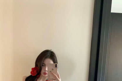 Dotted Plain Top Halter-Neck Hem Ruffle