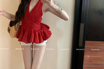 Dotted Plain Top Halter-Neck Hem Ruffle