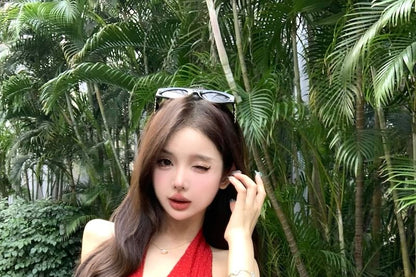 Dotted Plain Top Halter-Neck Hem Ruffle