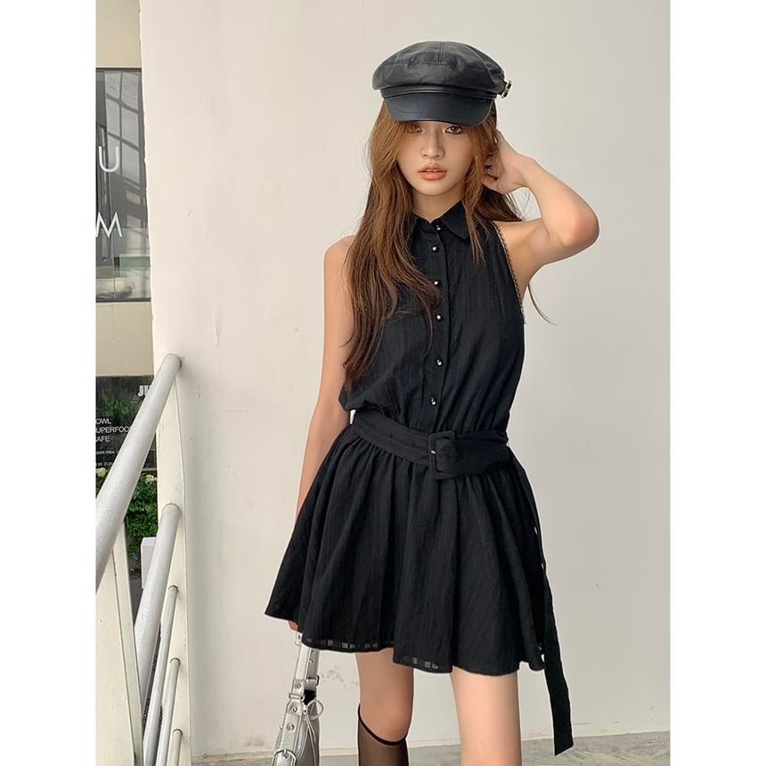 Sleeveless A-Line Belted Dress Mini Collared Striped