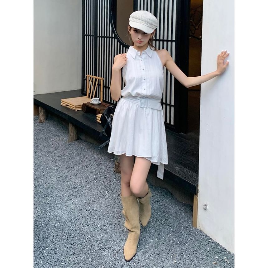 Sleeveless A-Line Belted Dress Mini Collared Striped