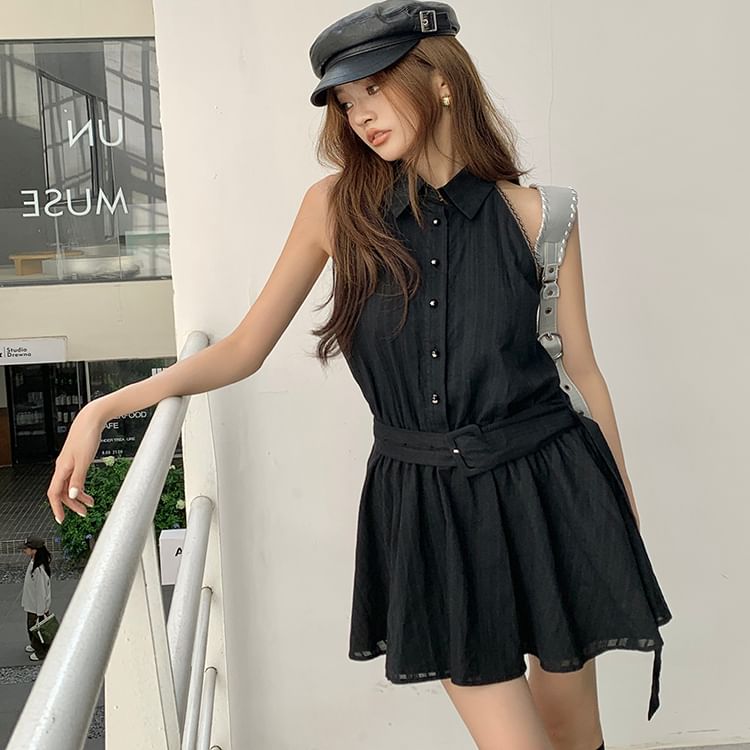 Sleeveless A-Line Belted Dress Mini Collared Striped