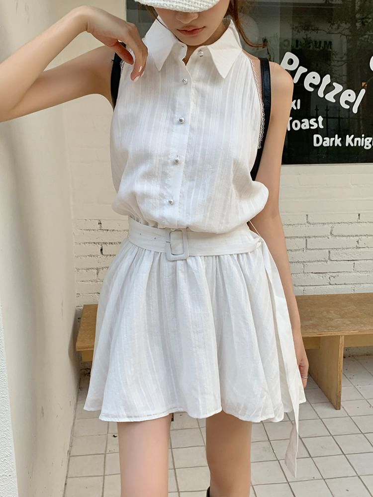 Sleeveless A-Line Belted Dress Mini Collared Striped