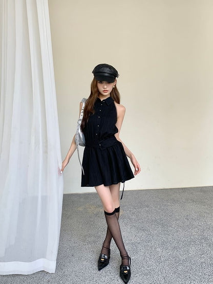 Sleeveless Striped Collared Belted Mini A-Line Dress