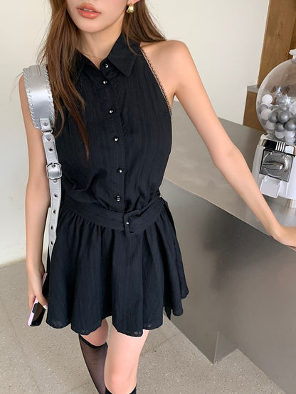 Sleeveless Striped Collared Belted Mini A-Line Dress