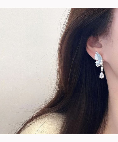 Butterfly Faux Pearl Rhinestone Drop Earring / Clip-On Earring
