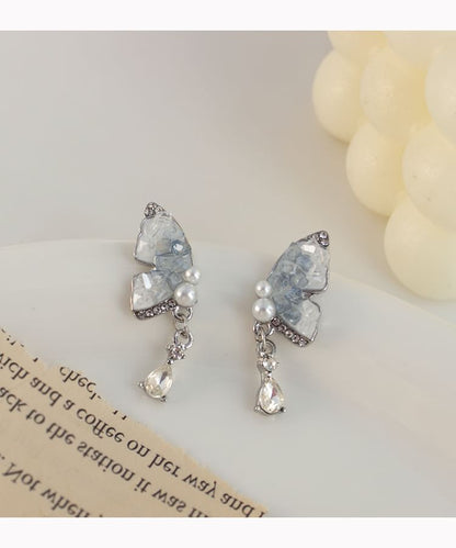 Butterfly Faux Pearl Rhinestone Drop Earring / Clip-On Earring