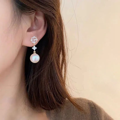 Rhinestone Flower Faux Pearl Drop Earring / Clip-On Earring