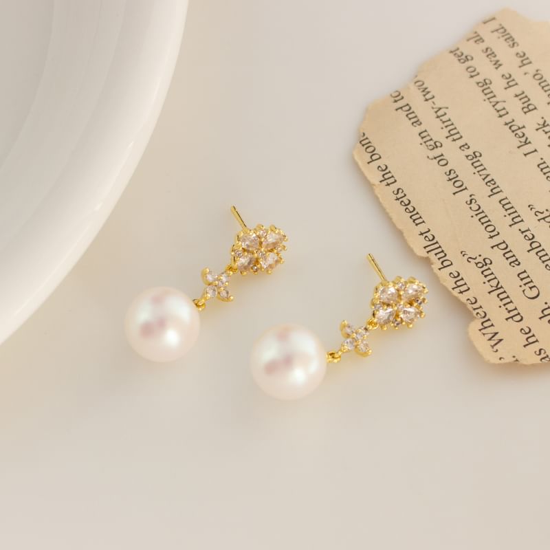Rhinestone Flower Faux Pearl Drop Earring / Clip-On Earring