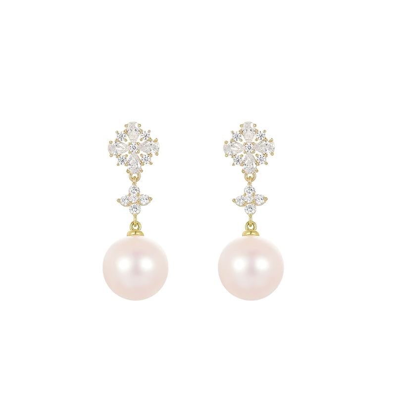 Rhinestone Flower Faux Pearl Drop Earring / Clip-On Earring