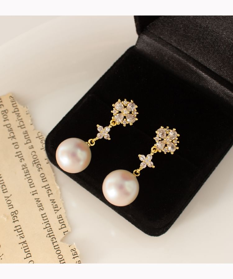 Rhinestone Flower Faux Pearl Drop Earring / Clip-On Earring