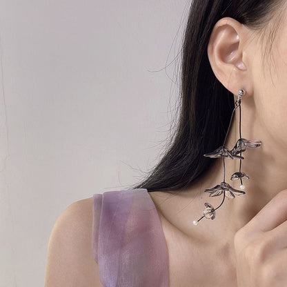 Asymmetrical Flower Drop Earring / Clip-On Earring