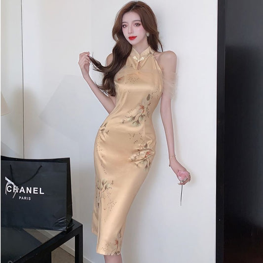 Halter Floral Slit Mesh Panel Midi Qipao