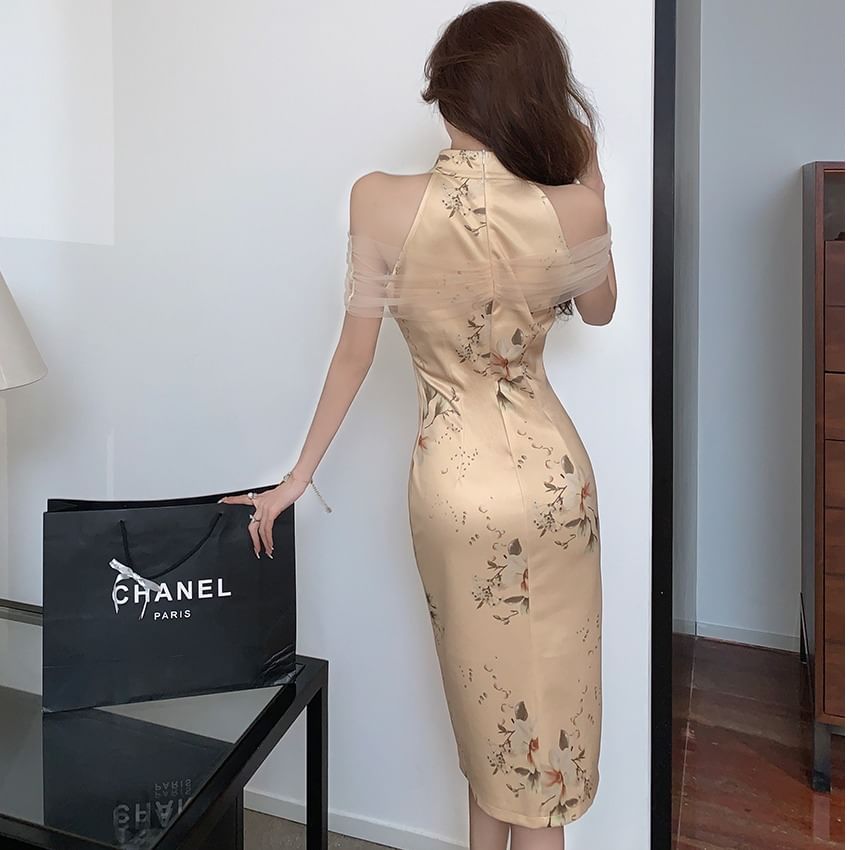 Halter Floral Slit Mesh Panel Midi Qipao