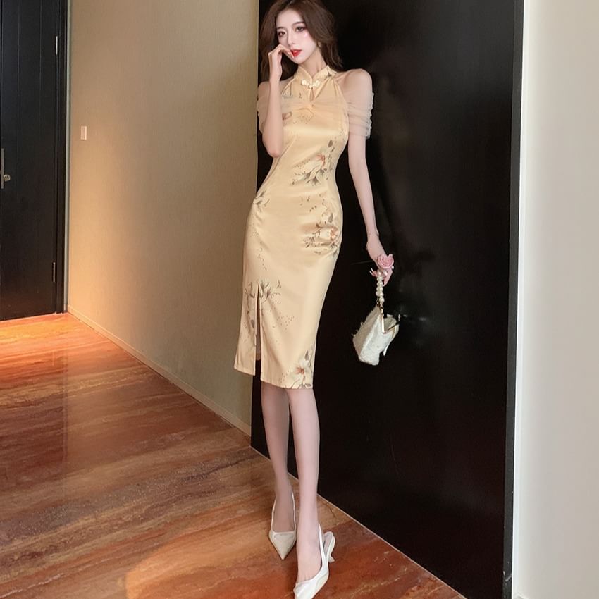 Halter Floral Slit Mesh Panel Midi Qipao
