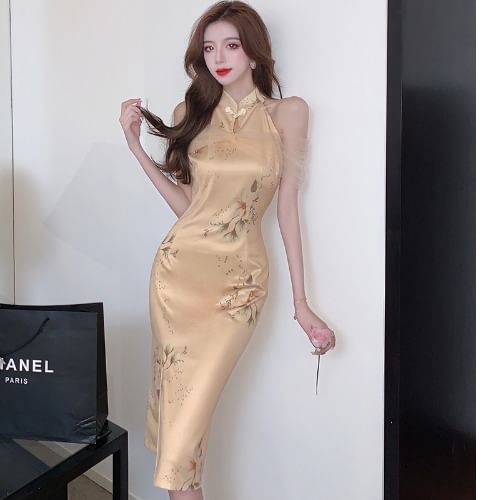 Halter Floral Slit Mesh Panel Midi Qipao