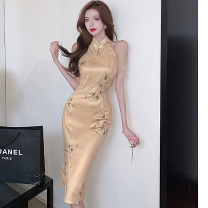 Halter Floral Slit Mesh Panel Midi Qipao