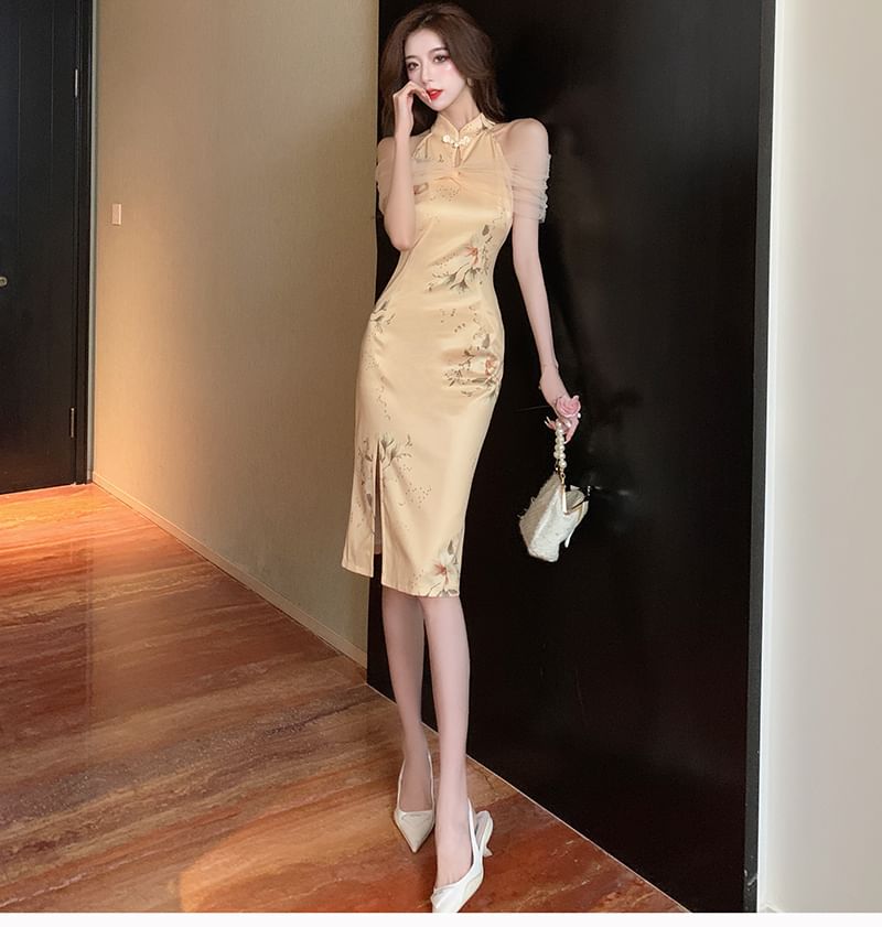 Halter Floral Slit Mesh Panel Midi Qipao