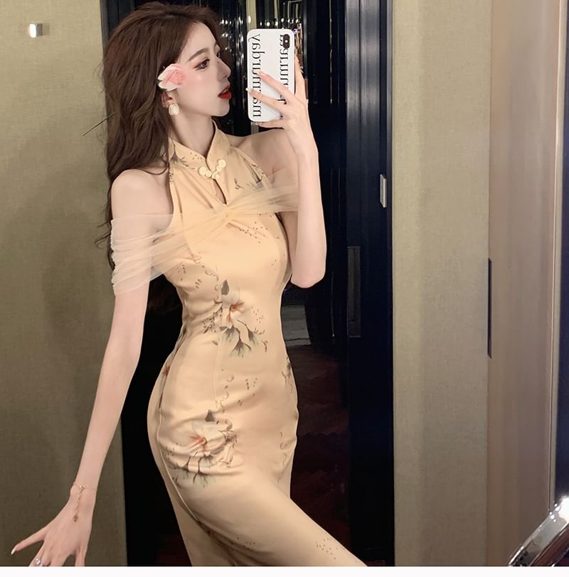 Halter Floral Slit Mesh Panel Midi Qipao