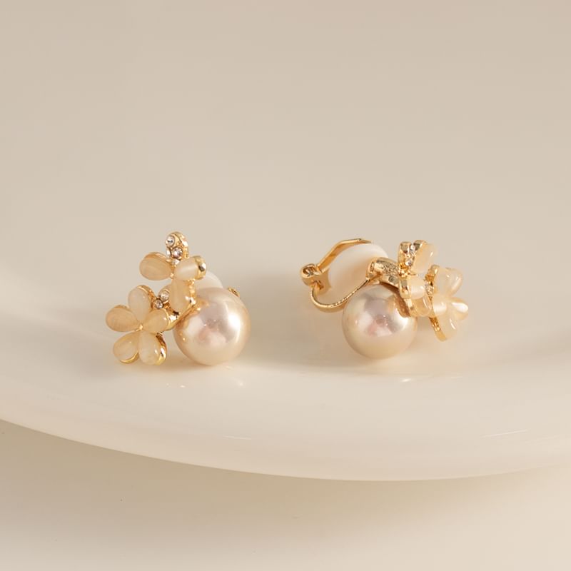 Floral Faux Cat Eye Stone Faux Pearl Alloy Stud Earring / Ear Cuff (Various Designs)