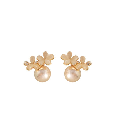 Floral Faux Cat Eye Stone Faux Pearl Alloy Stud Earring / Ear Cuff (Various Designs)