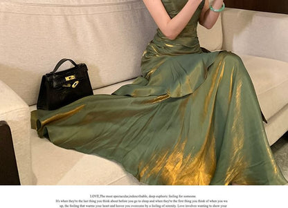 Spaghetti Strap Plain Ruched Panel Trumpet Evening Dress