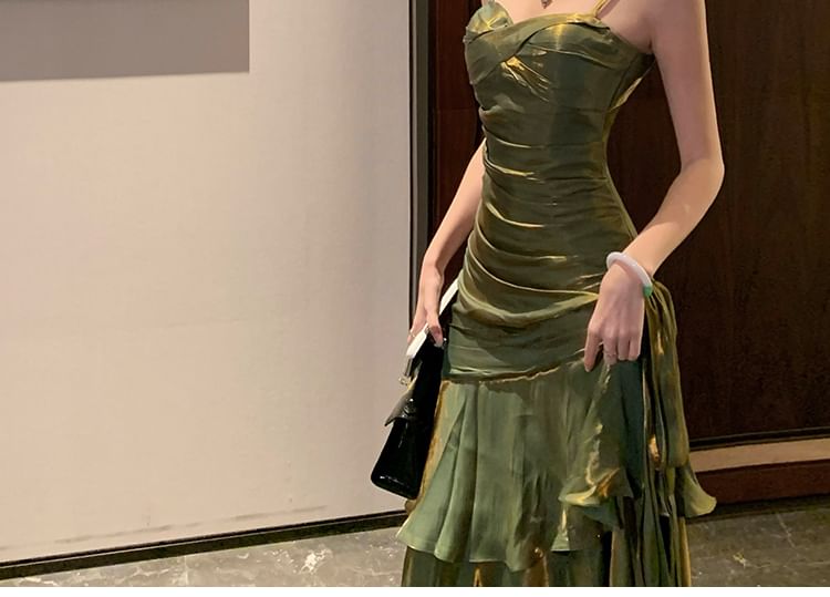Spaghetti Strap Plain Ruched Panel Trumpet Evening Dress