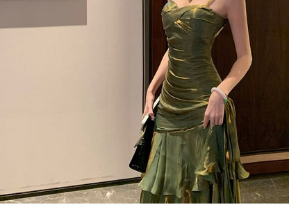 Spaghetti Strap Plain Ruched Panel Trumpet Evening Dress