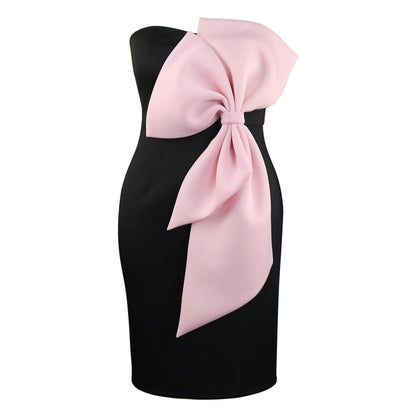 Strapless Bow Two Tone Midi Sheath Evening Dress