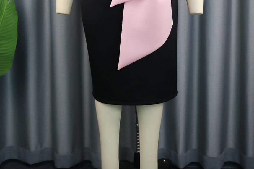 Strapless Bow Two Tone Midi Sheath Evening Dress