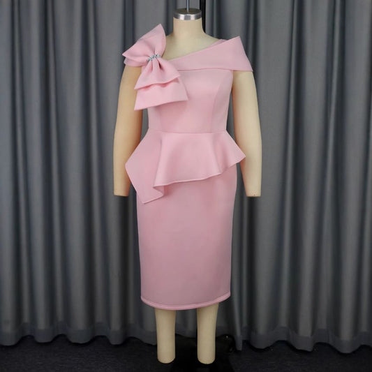 Asymmetrical Bow Front Ruffle Midi Sheath Evening Dress