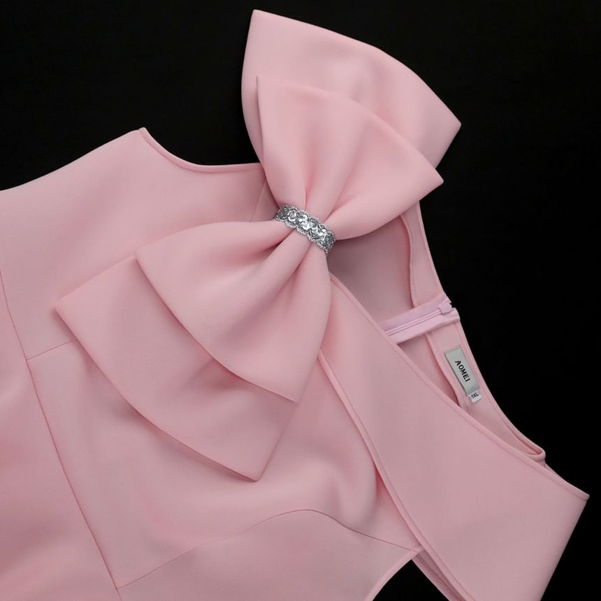 Asymmetrical Bow Front Ruffle Midi Sheath Evening Dress