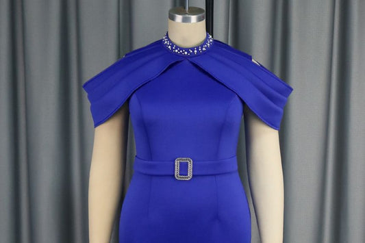 Cold Shoulder Belt Waist Plain Midi Sheath Evening Dress