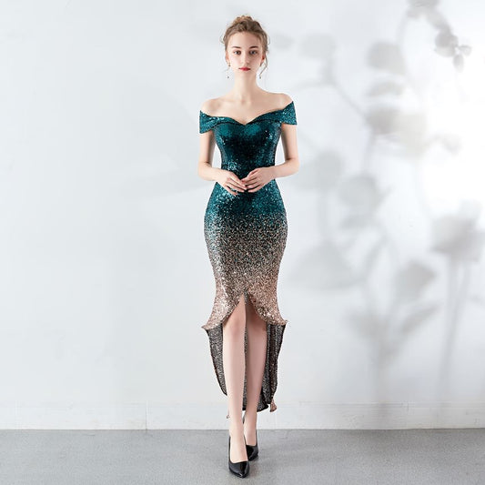 Off Shoulder Short Sleeve Gradient Sequined Mermaid Evening Gown