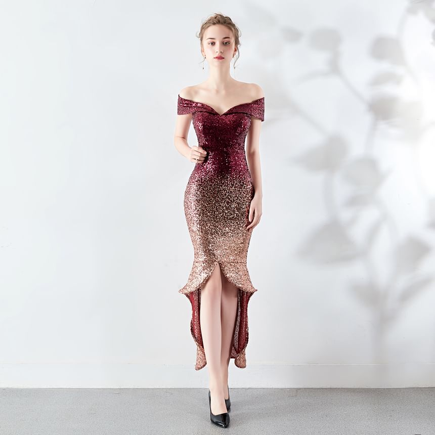 Off Short Gradient Sleeve Sequined Shoulder Evening Mermaid Gown