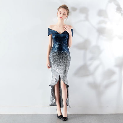 Off Short Gradient Sleeve Sequined Shoulder Evening Mermaid Gown