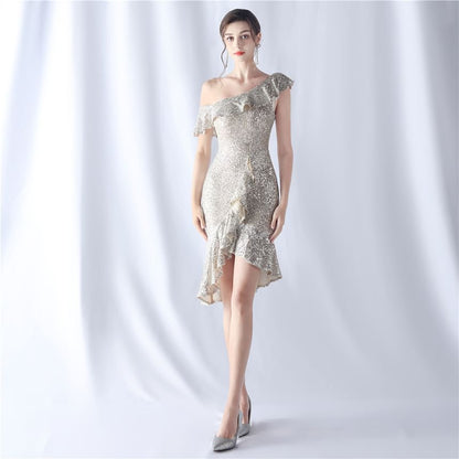 Off Shoulder Plain Ruffle Glitter Mini Sheath Party Dress