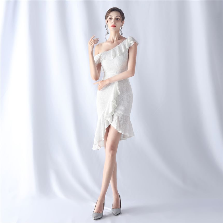Off Shoulder Plain Ruffle Glitter Mini Sheath Party Dress