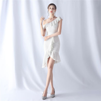 Off Shoulder Plain Ruffle Glitter Mini Sheath Party Dress