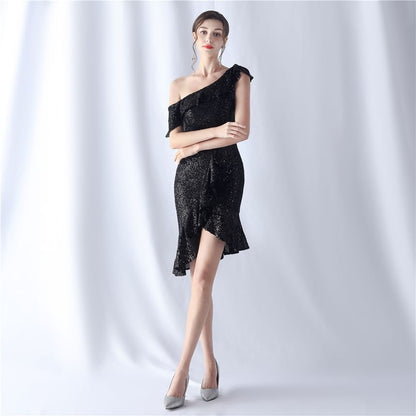 Off Shoulder Plain Ruffle Glitter Mini Sheath Party Dress