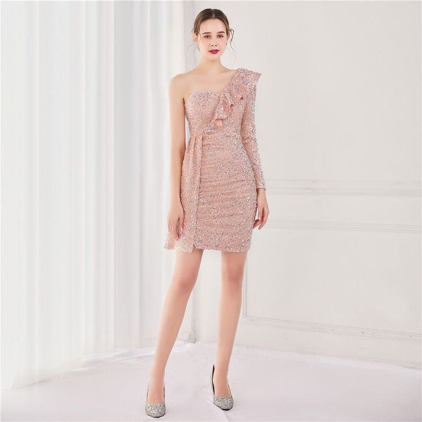 One-Shoulder Long Sleeve Sequined Ruffle Trim Mini Bodycon Party Dress