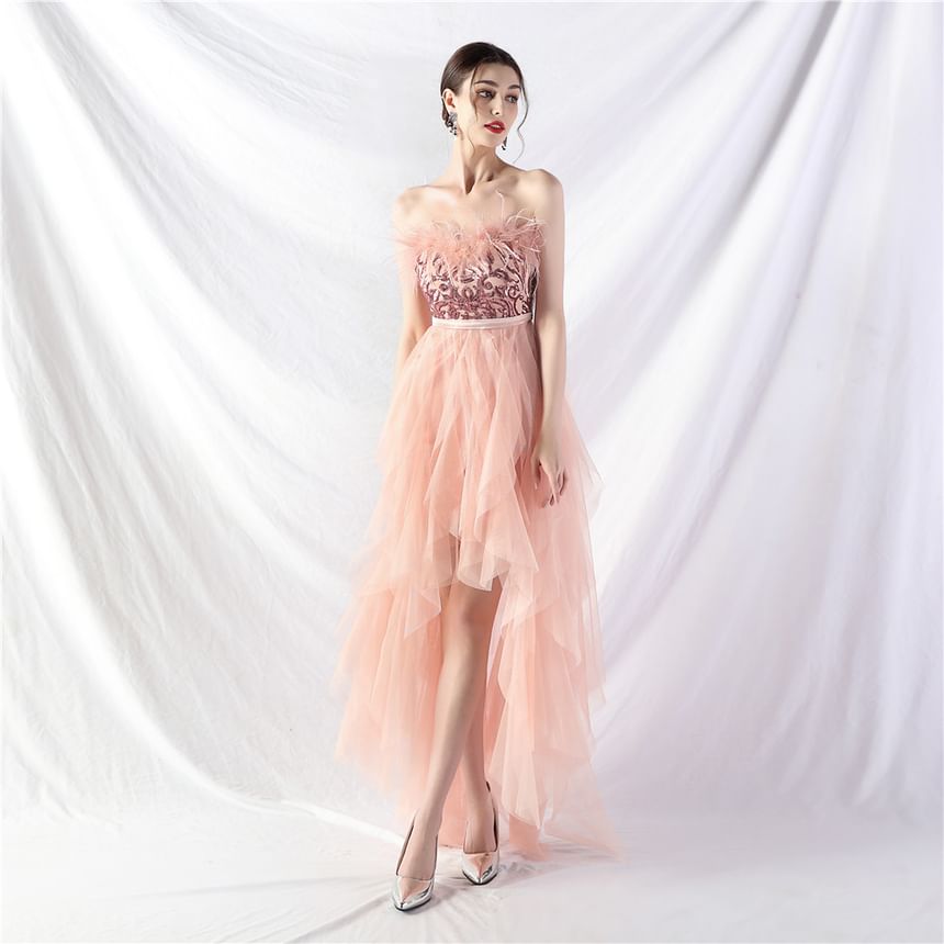 Evening Midi A-Line Feather Trim Gown Plain Strapless