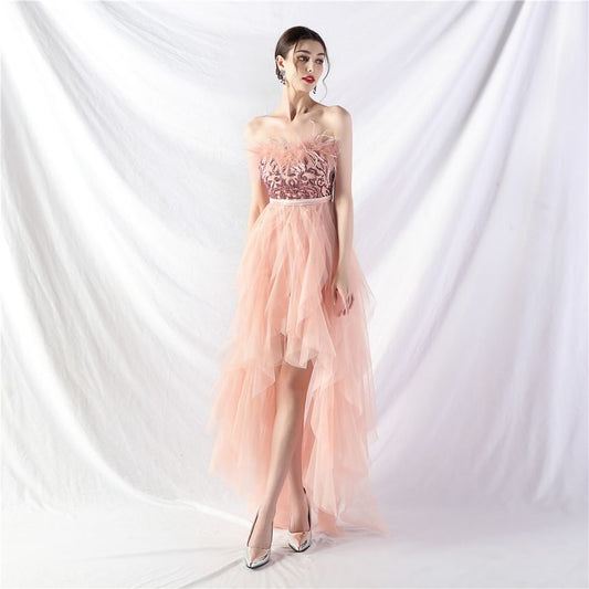 Strapless Plain Feather Trim Plain Midi A-Line Evening Gown